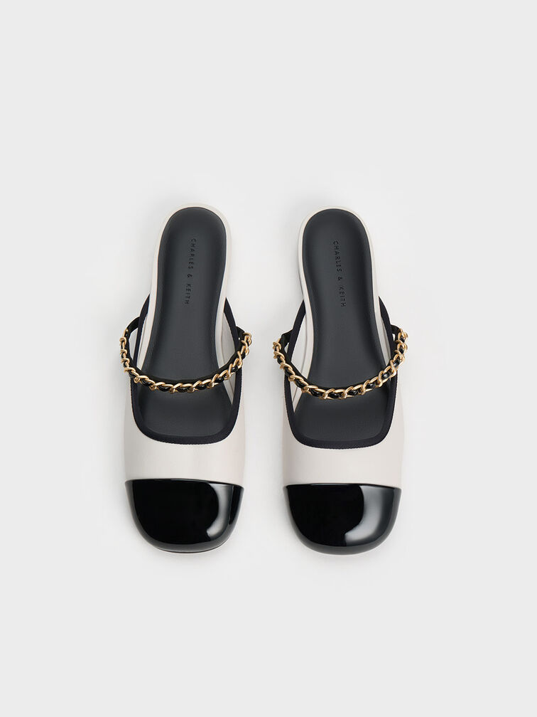 Patent Two-Tone Chain-Strap Mules, White, hi-res
