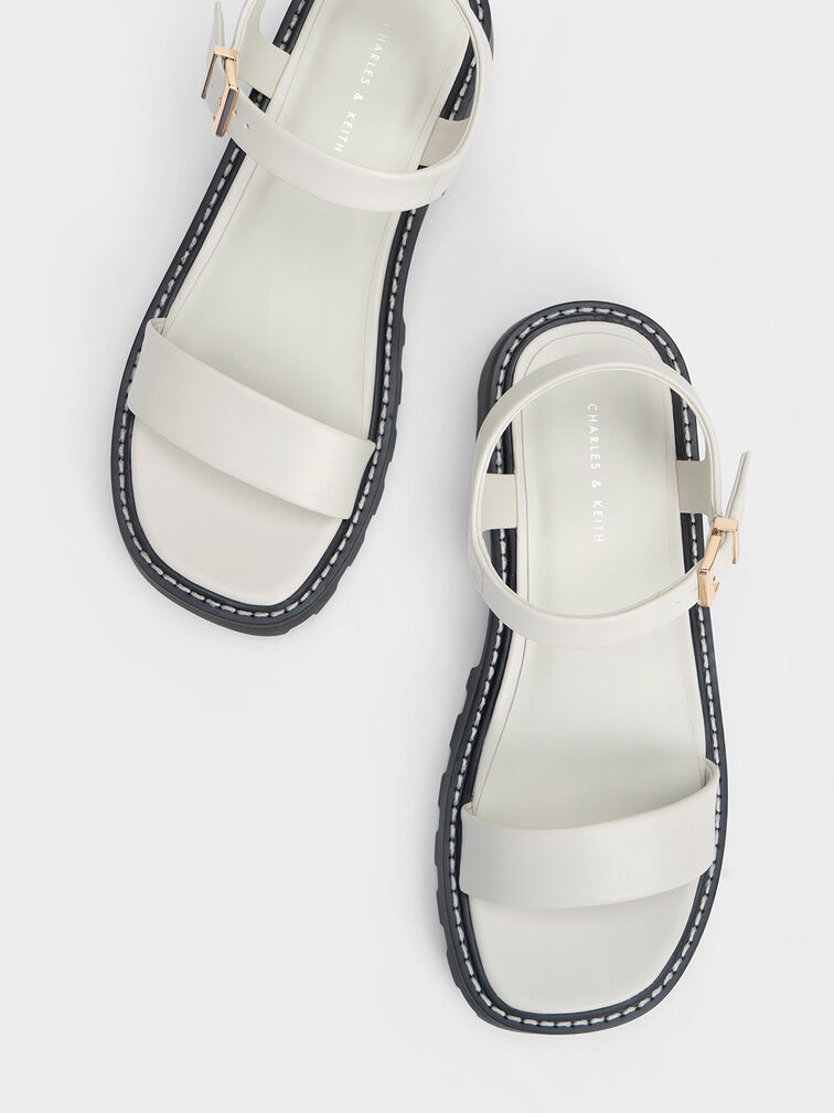 Stitch-Trim Buckled Sandals, สีขาว, hi-res