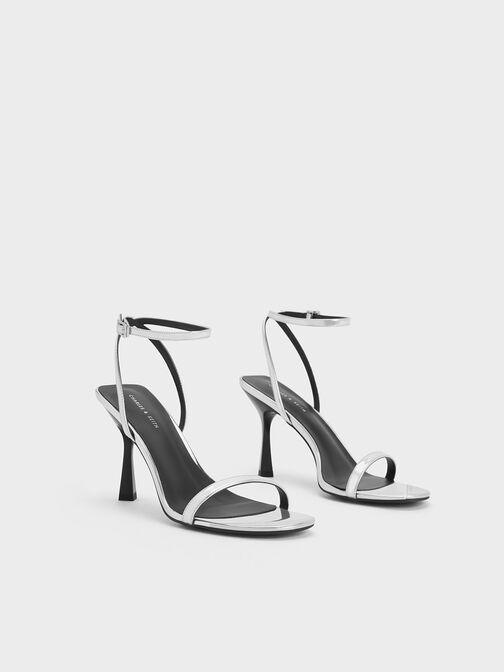 Metallic Cap Ankle-Strap Heeled Sandals, สีเงิน, hi-res