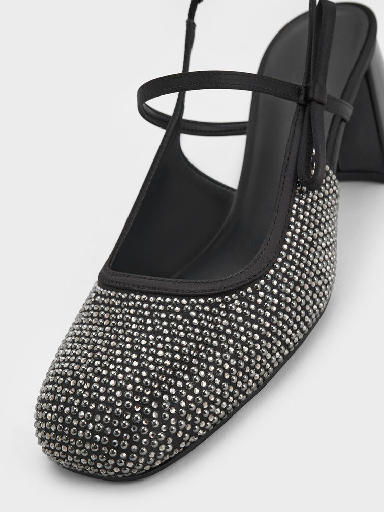 Satin Crystal-Embellished Slingback Mary Jane Pumps, Black Textured, hi-res
