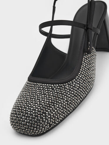 Satin Crystal-Embellished Slingback Mary Jane Pumps, Black Textured, hi-res