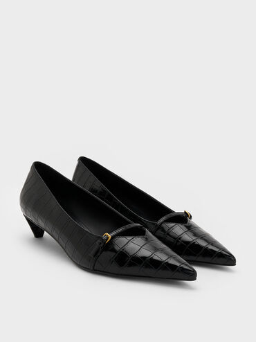 Croc-Effect Buckled Pointed-Toe Kitten-Heel Pumps, Animal Print Black, hi-res