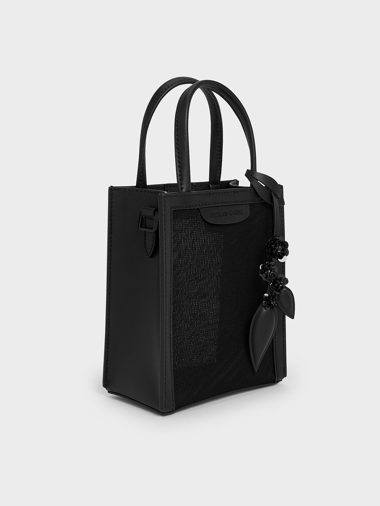 Mesh Sequin-Flower Elongated Tote Bag, Jet Black, hi-res