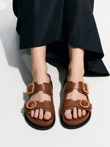 Woven-Buckle Double-Strap Sandals, Brown, hi-res