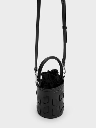 Canvas Panelled Bucket Bag, สีดำ, hi-res
