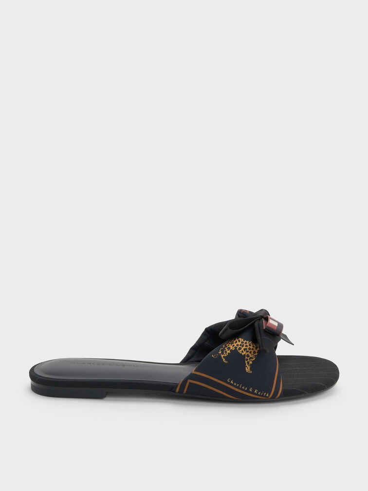 Satin Printed-Bow Slide Sandals, Black Textured, hi-res