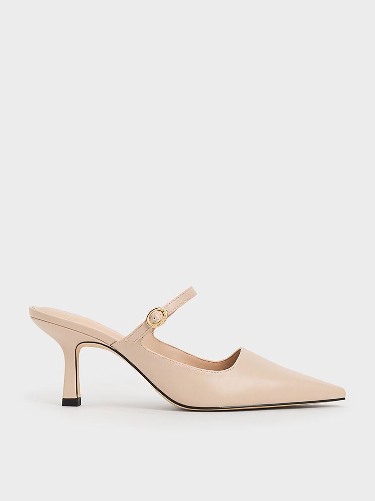 Buckle-Strap Heeled Mules, สีนู้ด, hi-res