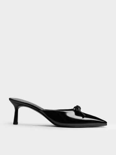 Rose-Bow Pointed Heeled Mules, Black Boxed, hi-res
