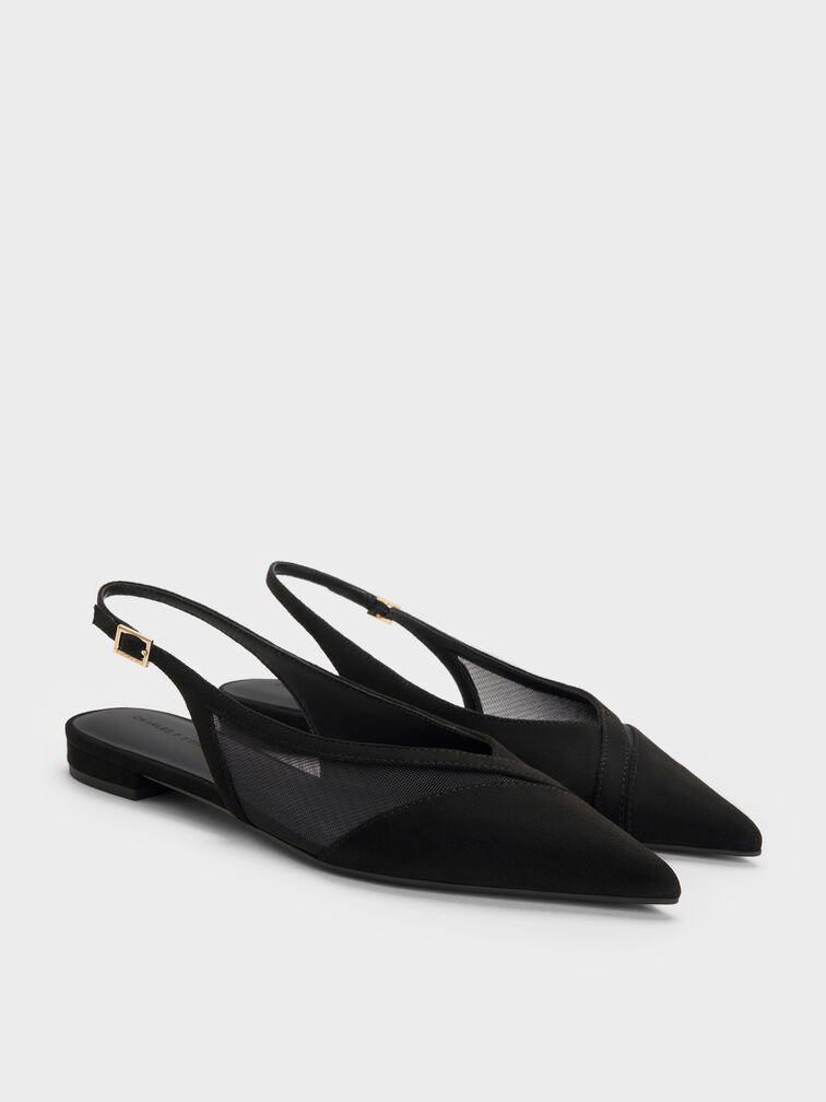 Faux Suede & Mesh Slingback Flats, Black Textured, hi-res