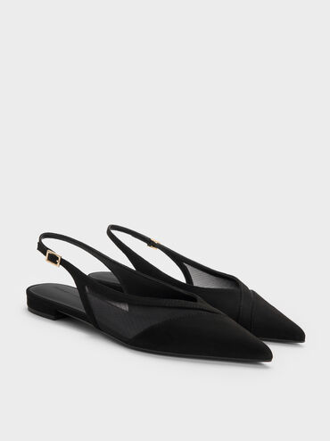 Faux Suede & Mesh Slingback Flats, Black Textured, hi-res