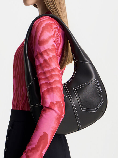 Anthea Contrast-Trim Curved Hobo Bag, , hi-res