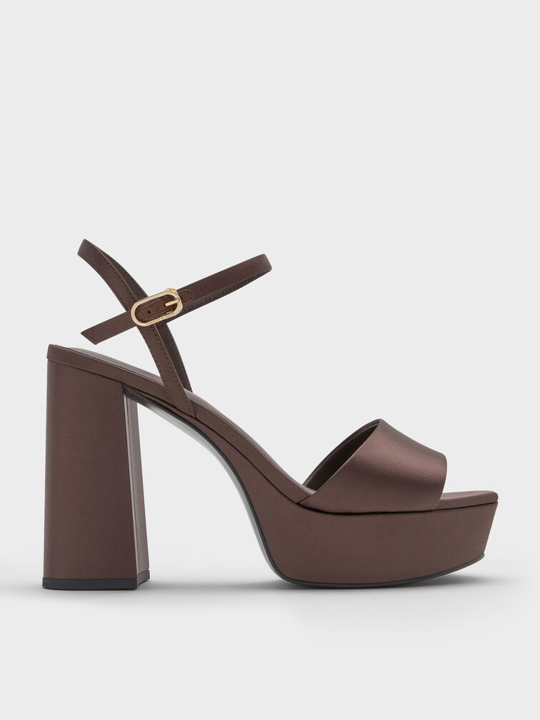 รองเท้าส้นสูงวัสดุผ้าซาตินดีไซน์ส้นบล็อคแบบแพลตฟอร์ม, สีดาร์คบราวเท็กซ์เจอร์, hi-res