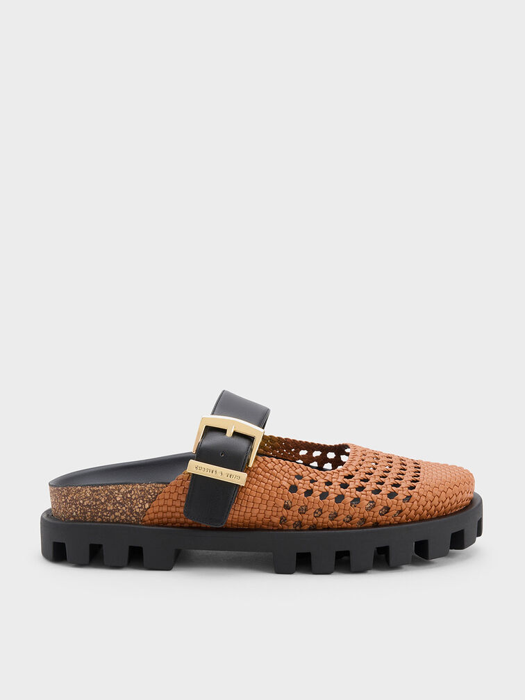 Woven Buckled Flat Mules, Cognac, hi-res