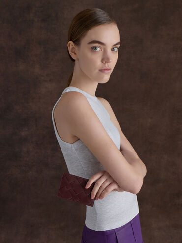 กระเป๋าสตางค์ใบสั้นซิปบนดีไซน์แบบสานรุ่น Ivette, สีไวน์เบอร์รี่เรด, hi-res