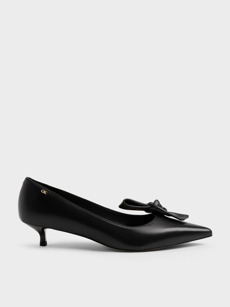 Illana Leather Knot-Bow Kitten Heels, Black, hi-res