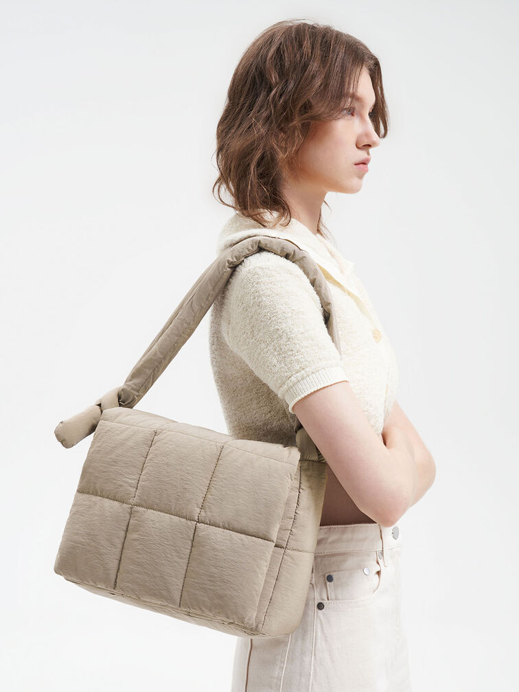 Errya Nylon Quilted Puffy Crossbody Bag, สีโทป, hi-res