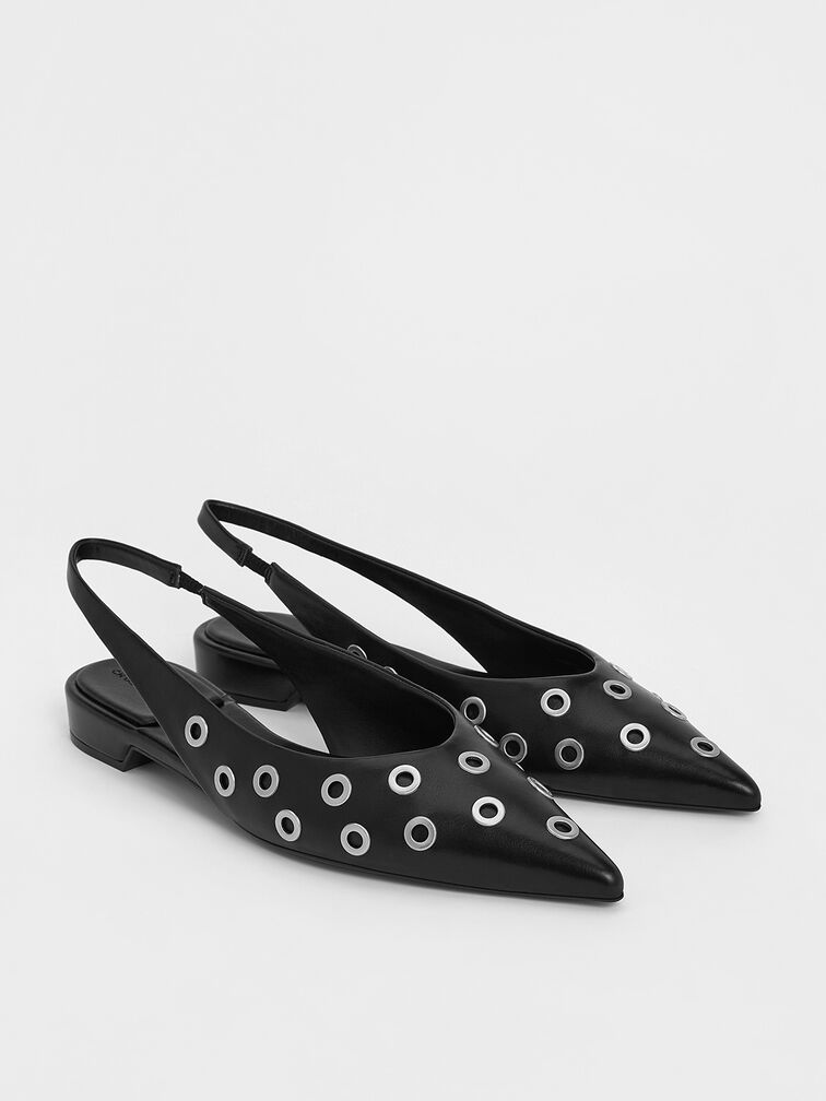 Grommet Pointed-Toe Slingback Flats, Black, hi-res