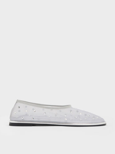 Mesh Gem-Embellished Ballet Flats, Silver, hi-res