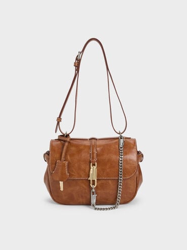 กระเป๋าสะพายข้างประดับโซ่รุ่น Delfina, สีดิสเทรสด์แทน, hi-res