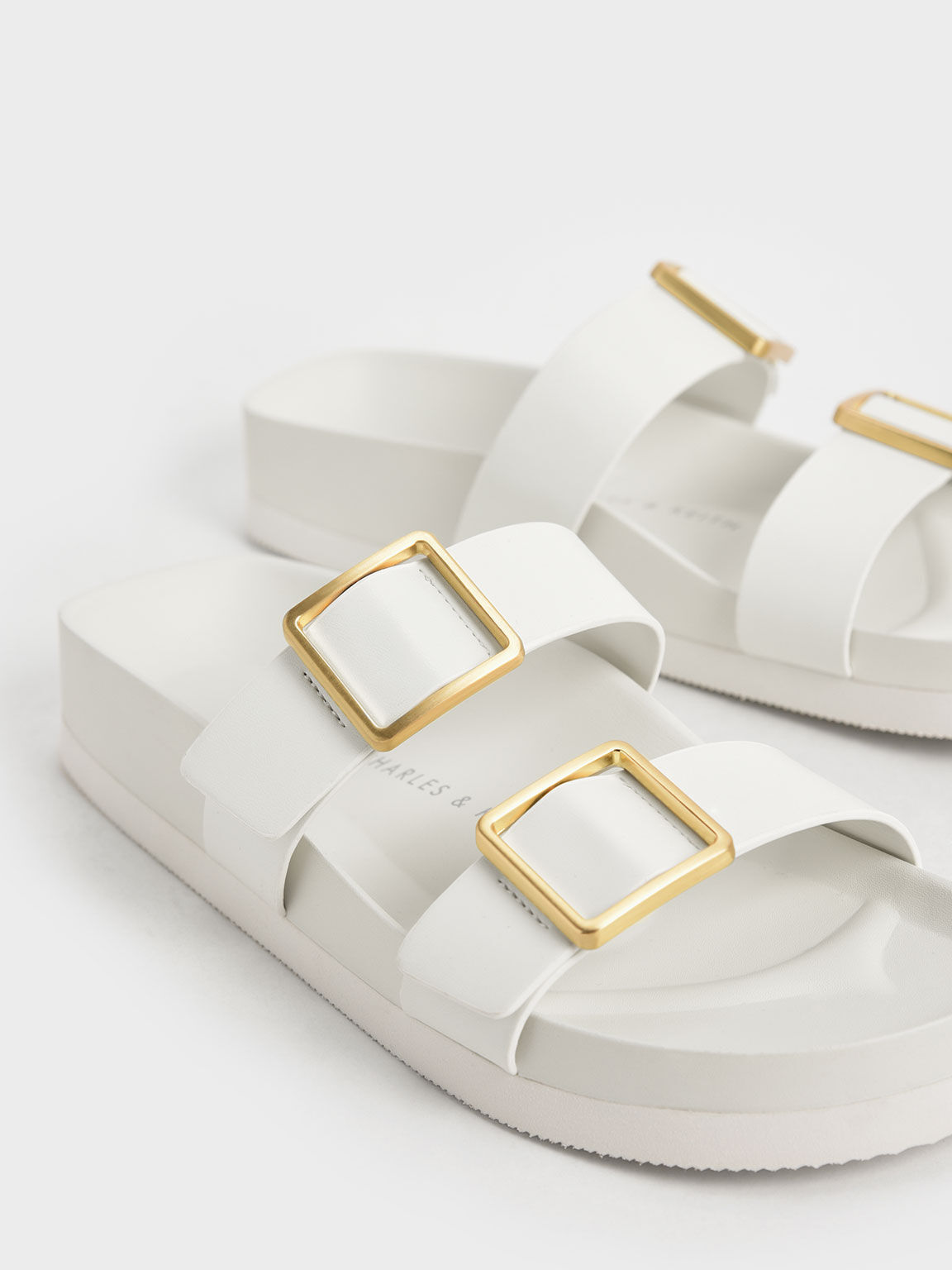 Metallic Buckle Slide Sandals, White, hi-res