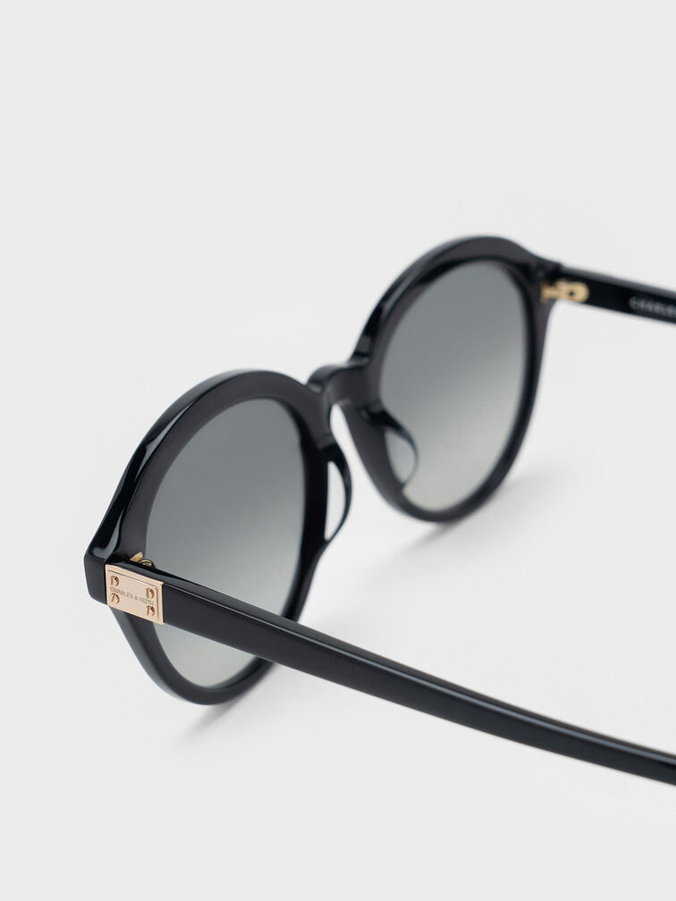 Recycled Acetate Round Cat-Eye Sunglasses, สีดำ, hi-res