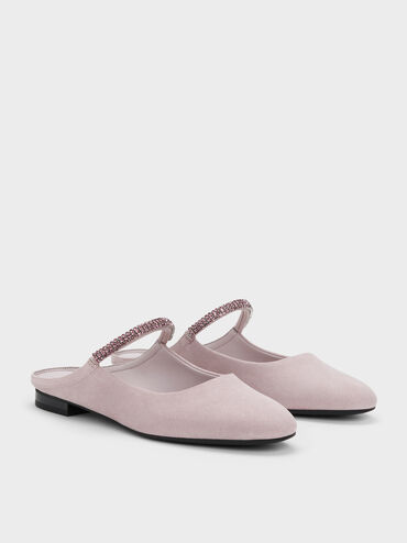 Faux Suede Crystal-Embellished Mary Jane Mules, Light Pink, hi-res