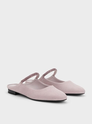 Faux Suede Crystal-Embellished Mary Jane Mules, Light Pink, hi-res