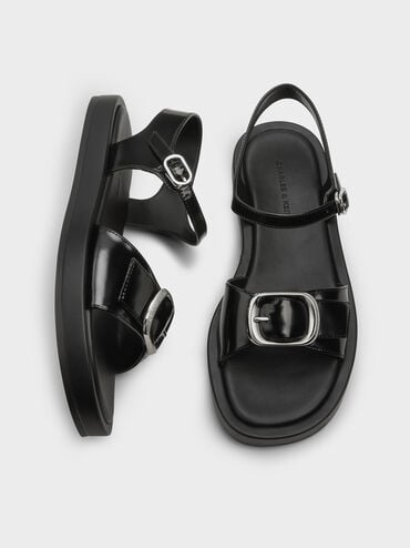 Buckled Slingback Sandals, Black Boxed, hi-res