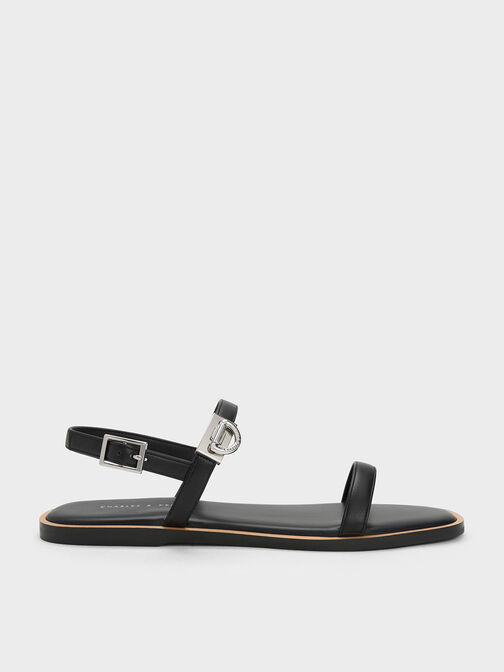 Double Metallic Buckle Sandals, สีดำ, hi-res