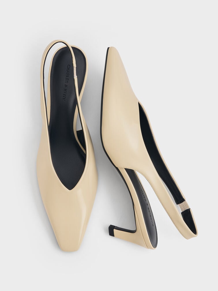 Tapered Square-Toe Slingback Kitten Heels, Beige, hi-res