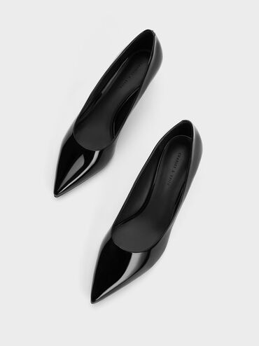 รองเท้าส้นเตี้ยหนังแก้วแบบปิดส้นดีไซน์หัวรองเท้าแบบแหลม, หนังแก้วสีดำ, hi-res