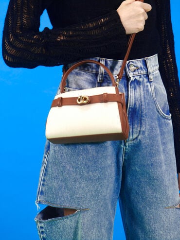 Aubrielle Canvas Two-Tone Top Handle Bag, Taupe Canvas, hi-res