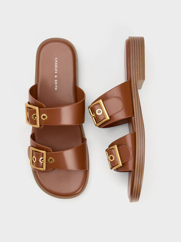 Buckled Double Strap Slide Sandals, สีคอนยัค, hi-res