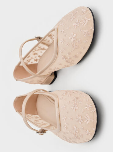 Gertrude Mesh Embroidered Floral Mary Janes, Nude, hi-res