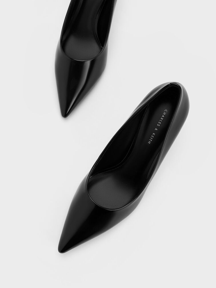 Pointed-Toe Flare Heel Pumps, หนังเงาสีดำ, hi-res