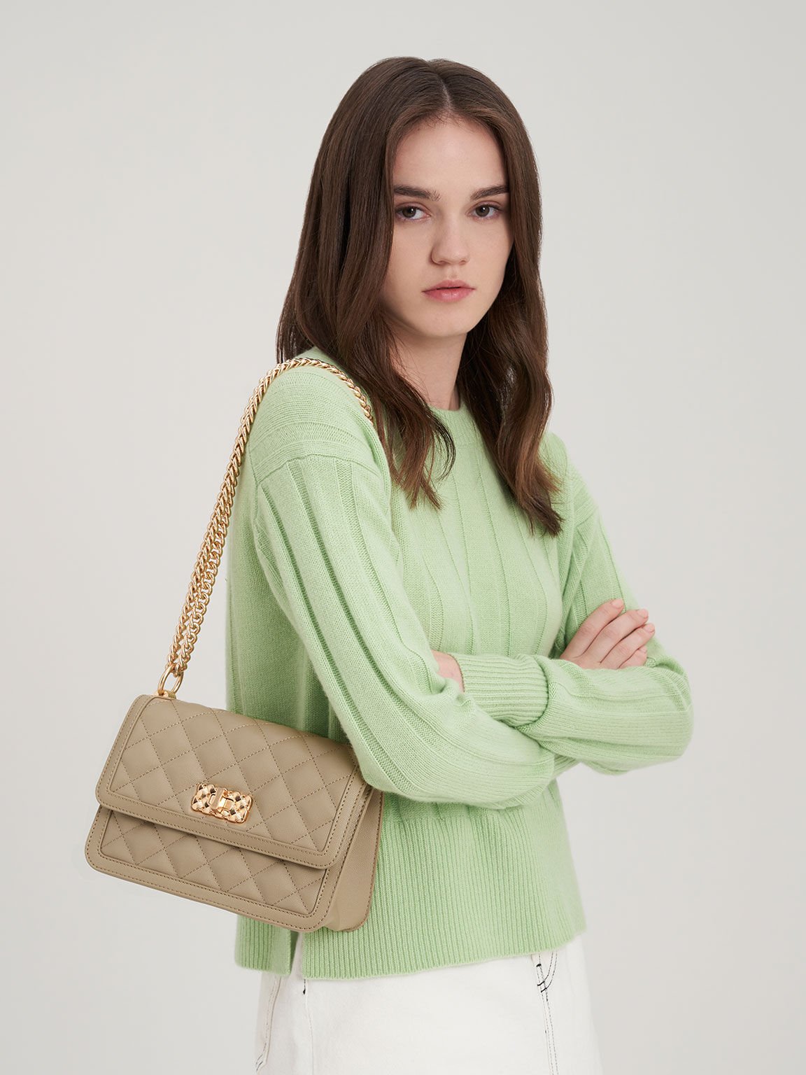 Sand Micaela Quilted Chain Bag CHARLES KEITH TH