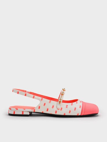 Beaded Flower Printed Slingback Flats, Coral Pink, hi-res