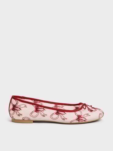 Embroidered-Mesh Bow Ballet Flats, Red, hi-res