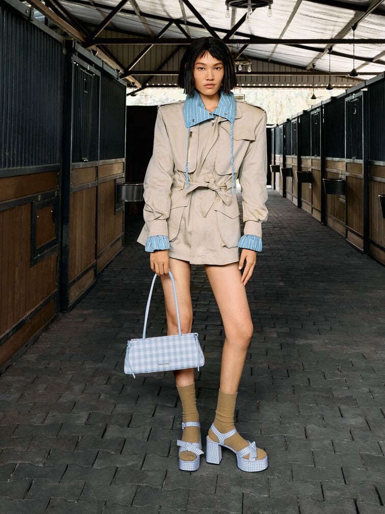 Anika Gingham Knot-Bow Platform Sandals, Light Blue, hi-res