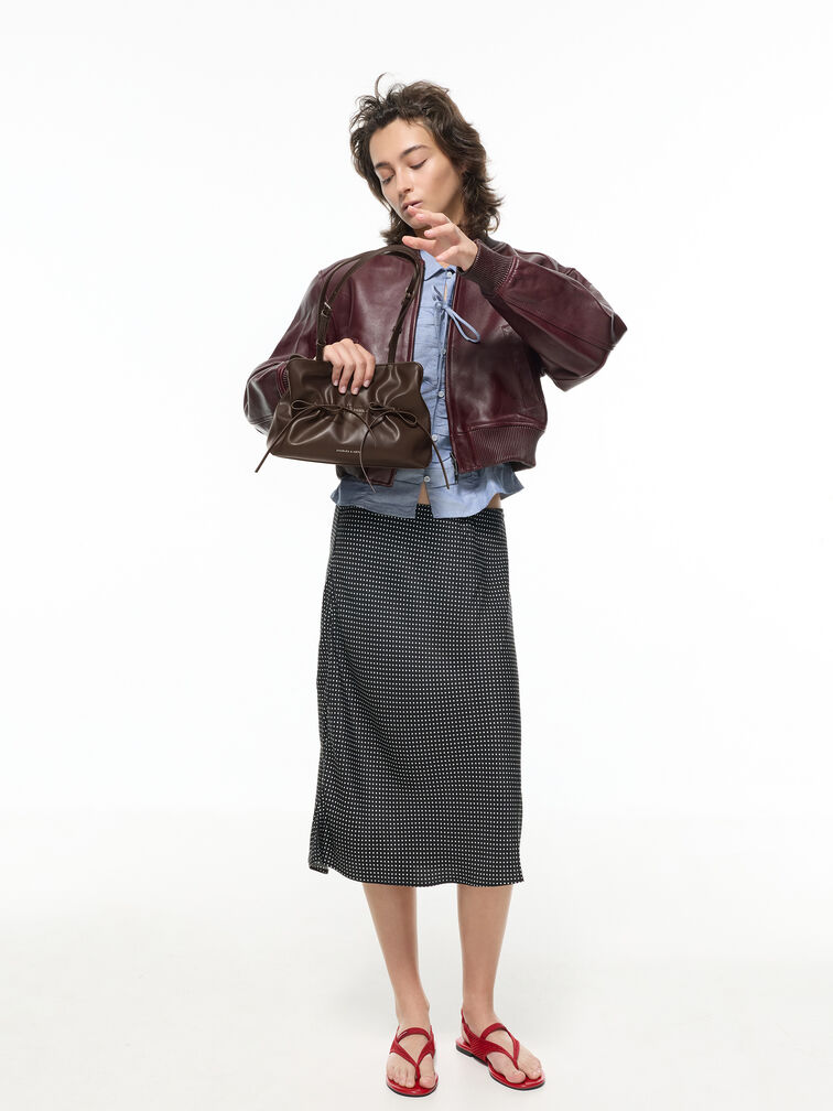 Reese Ruched Bow Shoulder Bag, Espresso Brown, hi-res