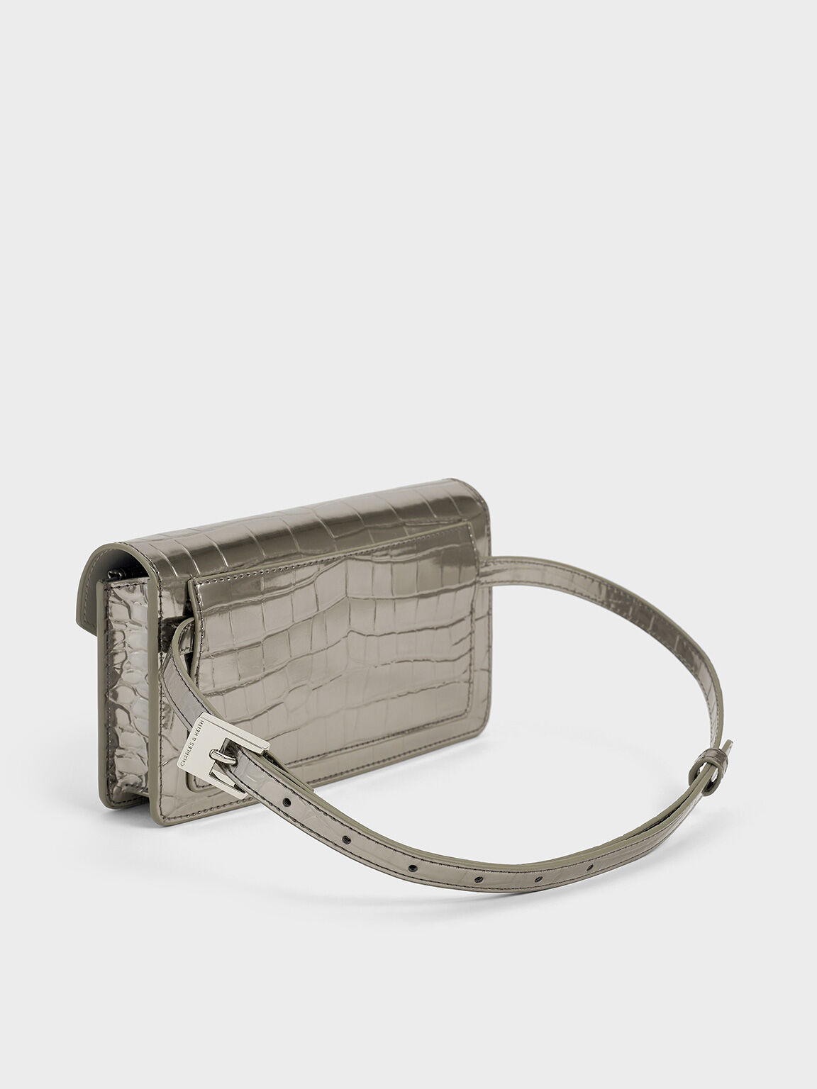 Pewter Samantha Metallic Croc Effect Chain Embellished Crossbody Bag CHARLES KEITH TH