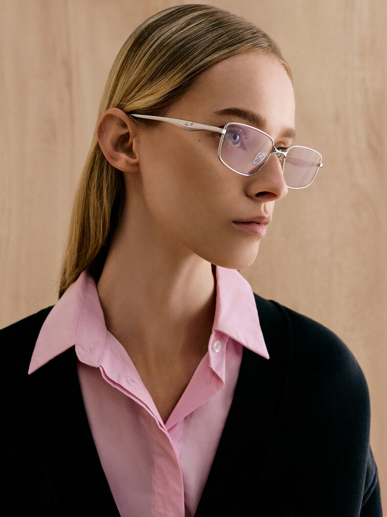 แว่นตากันแดดกรอบทรงเหลี่ยมขอบโลหะพร้อมเลนส์ใสรุ่น Celestia, สีเงิน แว่นตากันแดดกรอบทรงเหลี่ยมขอบโลหะพร้อมเลนส์ใสรุ่น Celestia, สีเงิน, hi-res