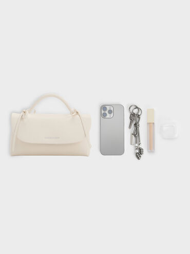 กระเป๋าสตางค์ประดับโบว์พร้อมสายโซ่รุ่น Hazel, สีครีม, hi-res