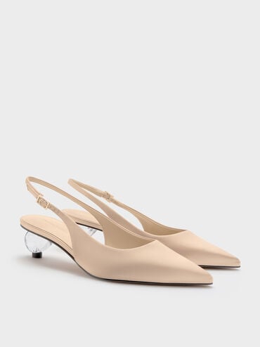 Satin Pointed-Toe Crystal-Heel Slingback Pumps, Gold, hi-res