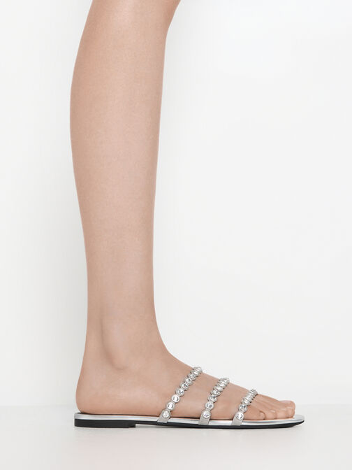 Crystal-Embellished Triple-Strap Sandals, Silver, hi-res