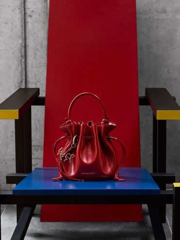 Sammie Horse-Motif Drawstring Bucket Bag, Tomato Red, hi-res