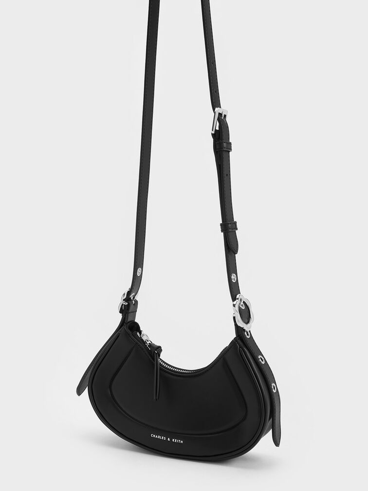 Petra Curved Shoulder Bag, สีดำ, hi-res
