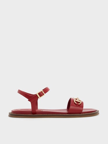 Horsebit Back Strap Sandals, Red, hi-res