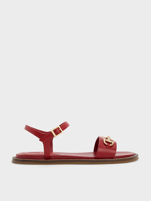 Horsebit Back Strap Sandals, Red, hi-res