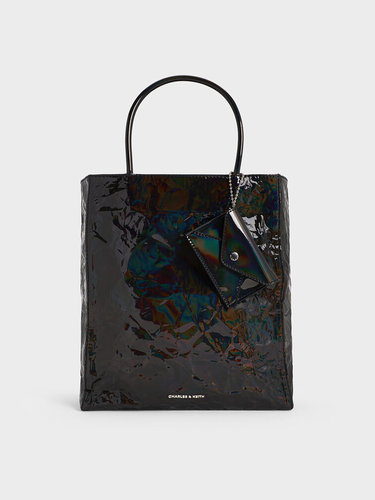 Large Matina Patent Crinkle-Effect Elongated Tote Bag, Prism Noir, hi-res